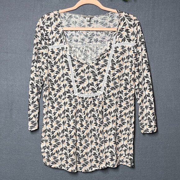 Lucky Brand Womens Linen Viscose Knit Crochet Lace Tunic Top Blouse Tribal Large - Picture 1 of 6
